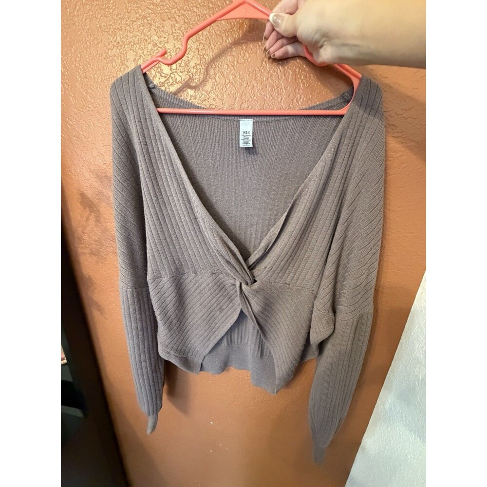 VSX Women’s Taupe Ribbed Knit Surplice Wrap Sweater Knot Long Sleeve L